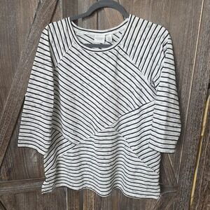 Weekends by Chico's Shirt Womens Size 2 (Large) Black & White Stripes 3/4 Sleeve